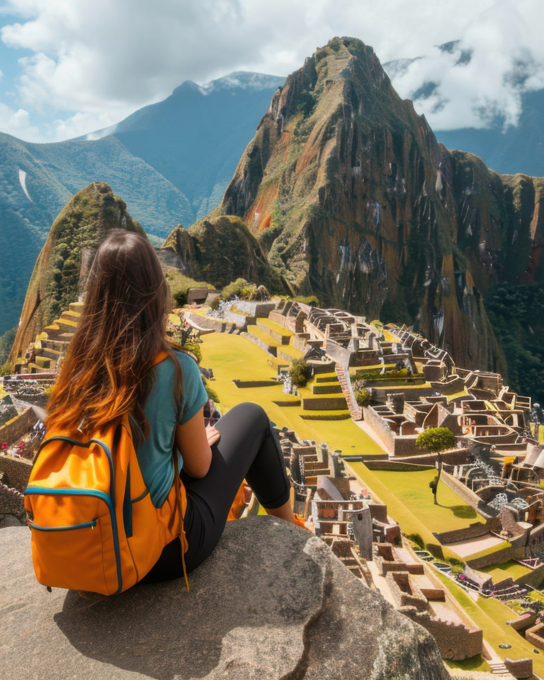 A woman with an orange backpack sits on a rock, gazing at the majestic ruins of Machu Picchu surrounded by green mountains and cloudy skies.