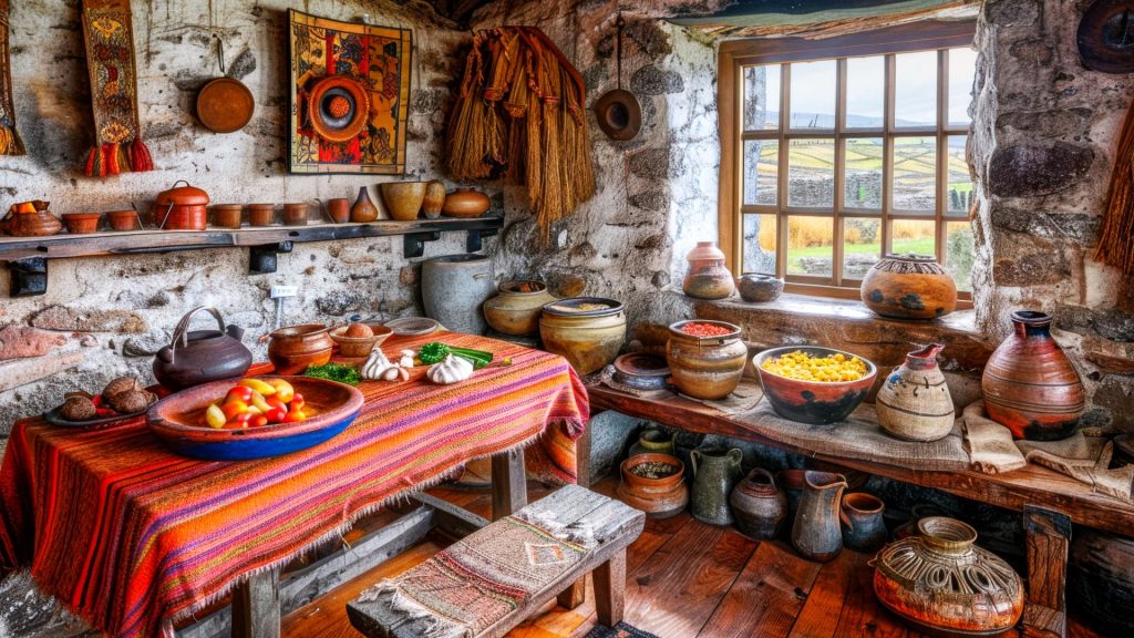 Rustic Andean kitchen with traditional clay pots, colorful textiles, and local ingredients – Xplor MachuPicchu