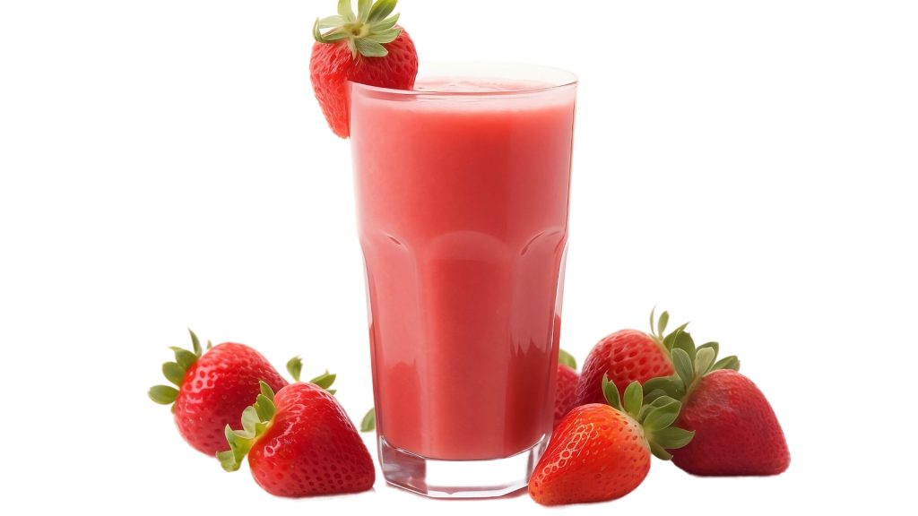 A glass of fresh strawberry juice surrounded by ripe strawberries, with one adorning the rim – Xplor MachuPicchu