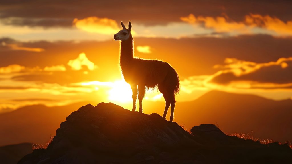 Llama standing on a rock at sunset with an orange sky in the background - Xplor Machu Picchu